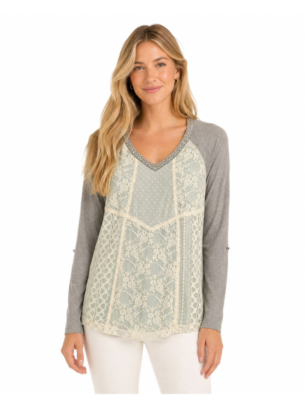 Jolt Long Sleeve Tee Size M Grey Mint Lace Embellished NWT